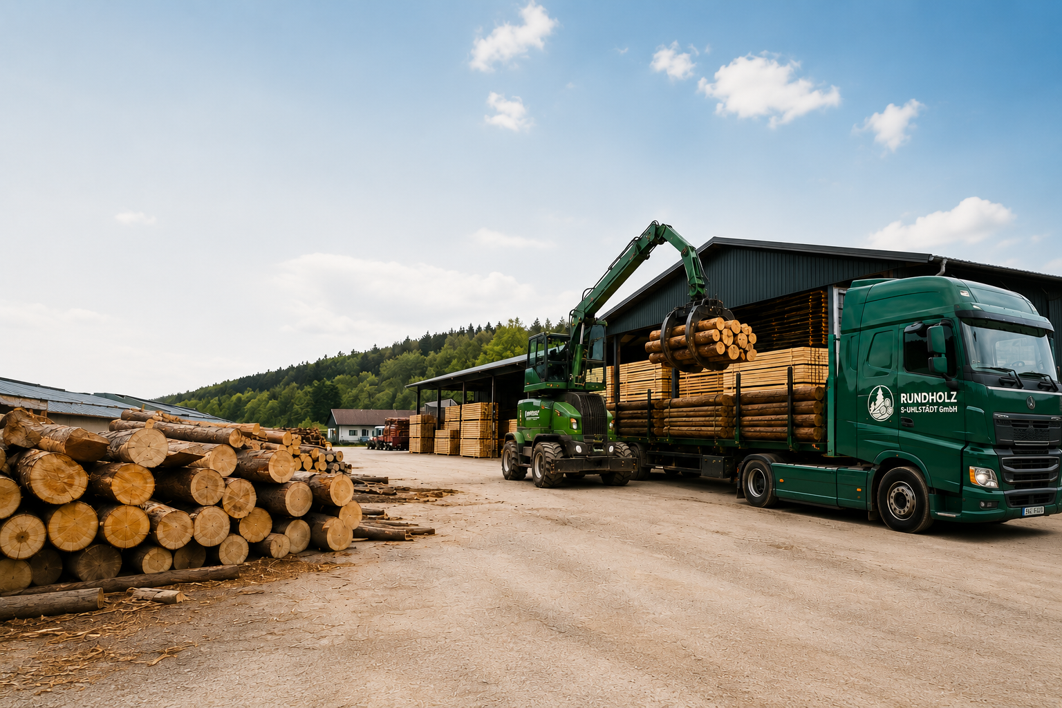 RUNDHOLZ Uhlstädt GmbH — Lagerplatz und Kranwagen